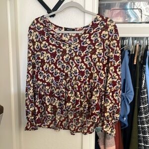 Madewell Peplum tie top Pansy flower blouse top - maroon buttercup lilac